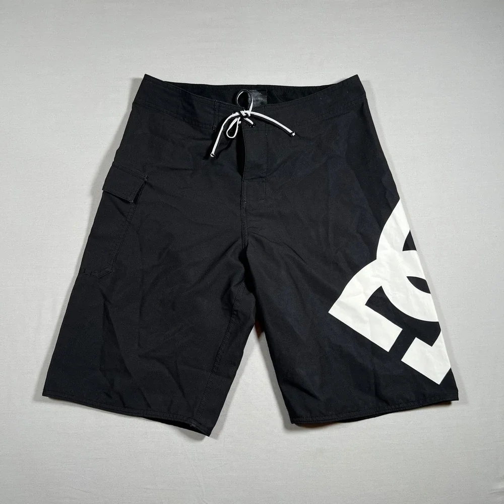 DC Shoes Mens Black Board Shorts White Logo Size 30 Surf Skate Swim Trunks Y2K